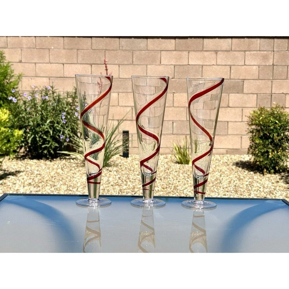 3 Pier 1 Imports Red Swirline Ribbon Swirl Red Pilsner Beer Fluted Glasses Tall